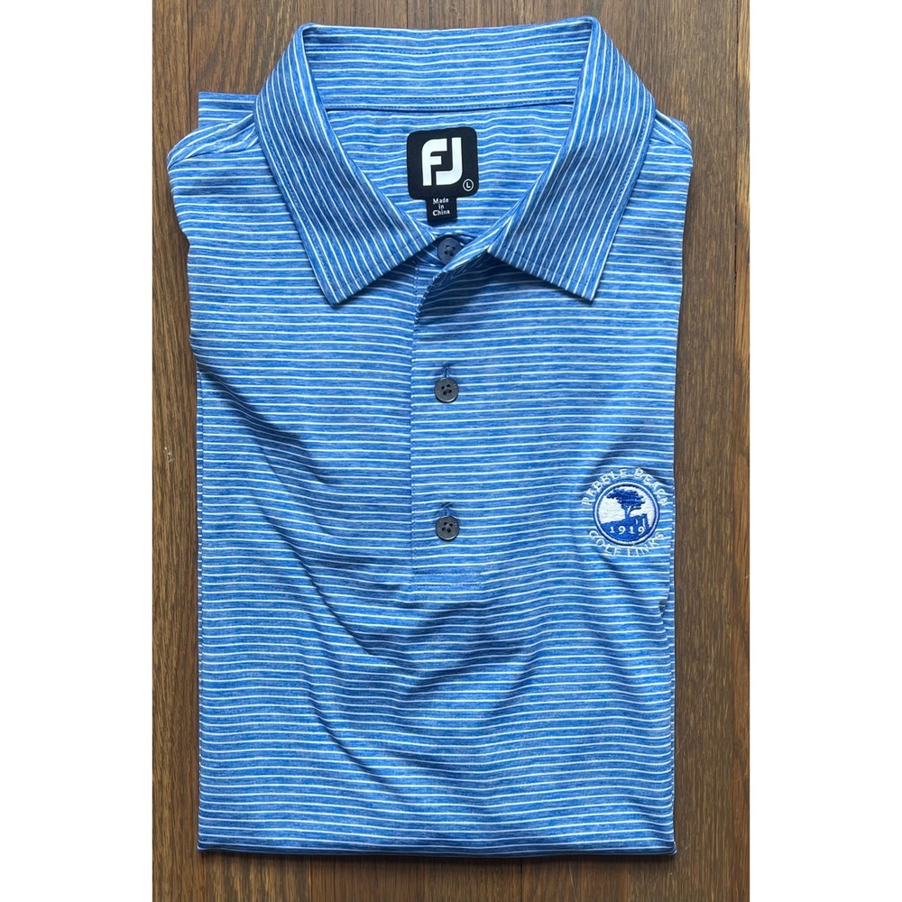 FootJoy Pebble Beach Golf Links Polo Shirt Men Large Blue Striped FJ Performance - Picture 3 of 4